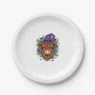 Halloween Highland Cow Witch Hat Vintage Vector_1 Paper Plate