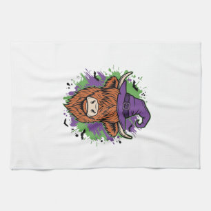Halloween Highland Cow Witch Hat Vintage Vector_1 Tea Towel