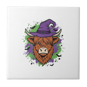 Halloween Highland Cow Witch Hat Vintage Vector_1 Tile