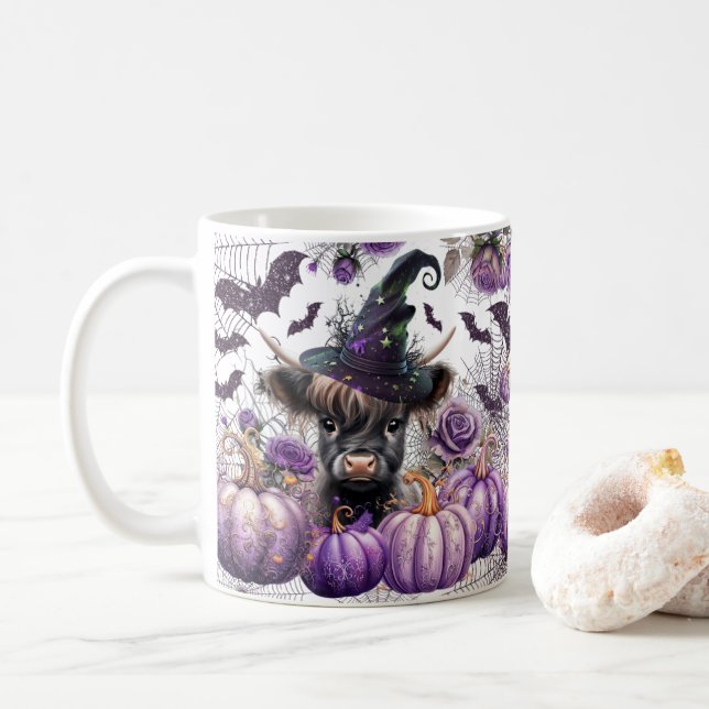 Halloween Highland Cow Witch Purple Pumpkins Coffee Mug (With Donut)