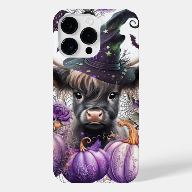 Halloween Highland Cow Witch Purple Pumpkins iPhone Case (Back)