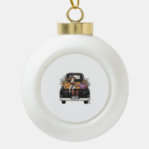 Halloween Highland Cow with Truck Ceramic Ball Christmas Ornament