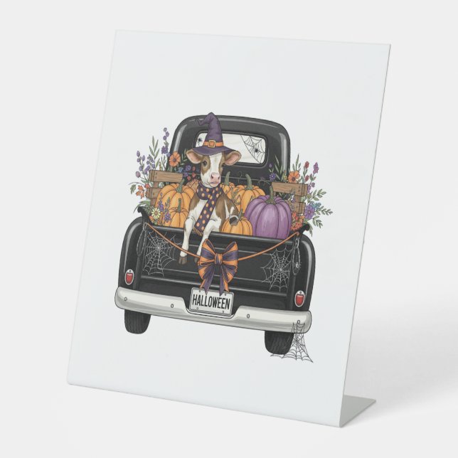 Halloween Highland Cow with Truck Pedestal Sign (Front)