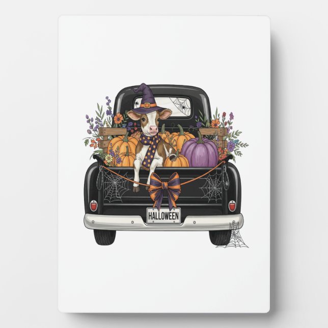 Halloween Highland Cow with Truck Plaque (Front)