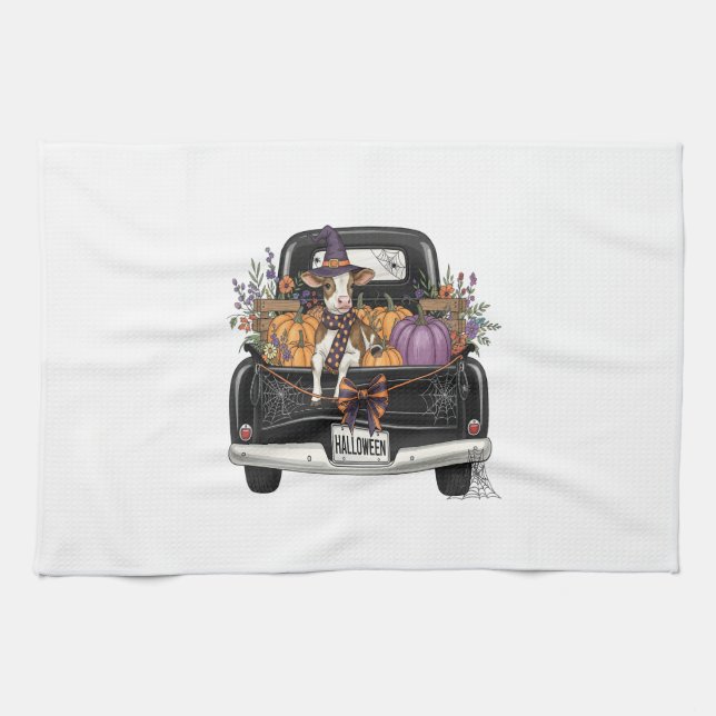 Halloween Highland Cow with Truck Tea Towel (Horizontal)