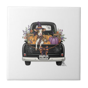 Halloween Highland Cow with Truck Tile