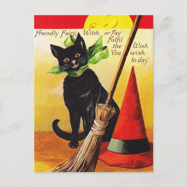 Halloween Holiday black cat Vintage postcard (Front)