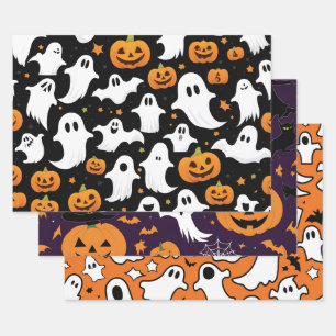 Halloween Holiday Pumpkin Ghost Bats Black Purple Wrapping Paper Sheet