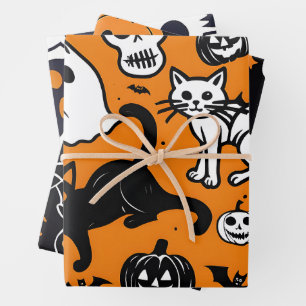 Halloween Holiday Pumpkin Ghost Black Cat Skull Wrapping Paper Sheet