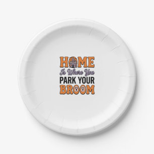 Halloween Home Park Your Broom Vintage Typography  Paper Plate