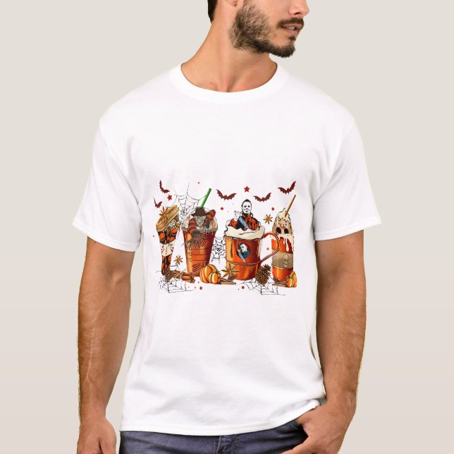  Halloween Horror Latte Coffee Cups Ghost Skeleton T-Shirt (Front)