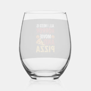 Halloween Horror Movie and Pizza Typography Stemless Wine Glass