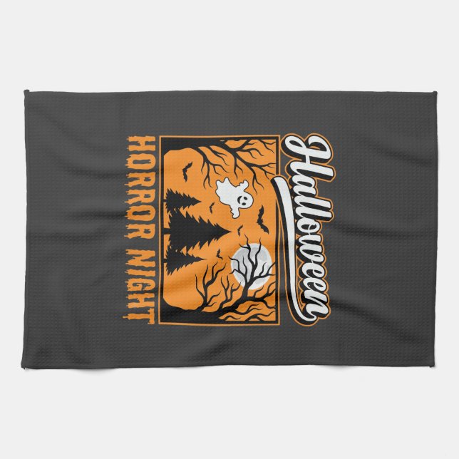 Halloween Horror Night Retro Ghost Forest Tea Towel (Horizontal)