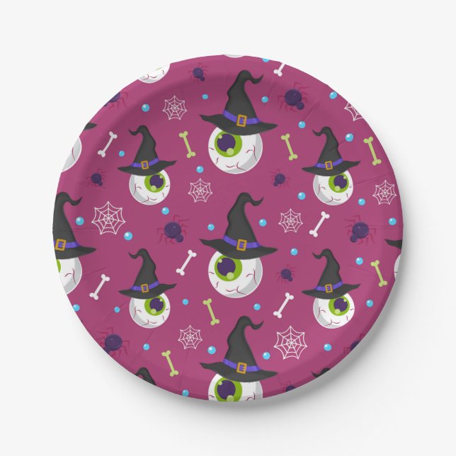 Halloween Horror Spooky Eyeball Witch Hat Spider Paper Plate (Front)