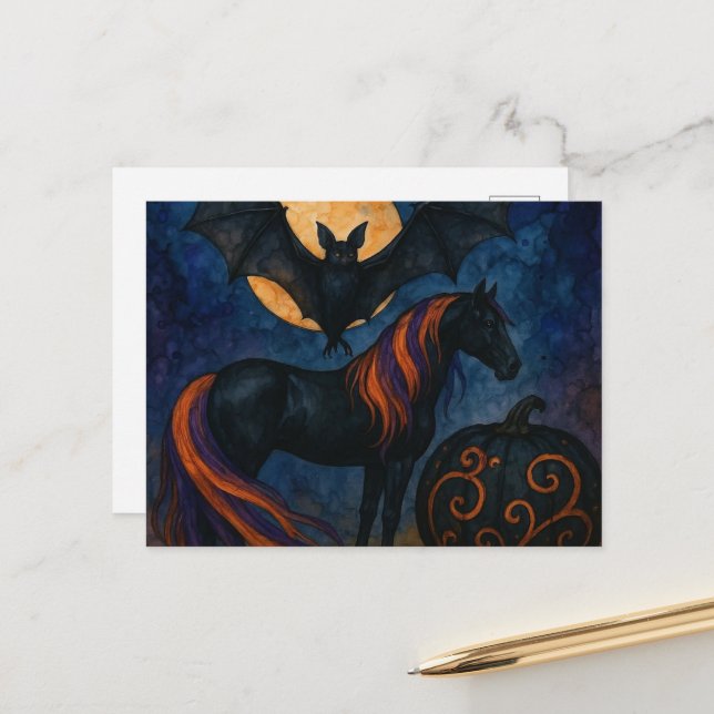 Halloween Horse and Bat With Pumpkin Postcard (Front/Back In Situ)