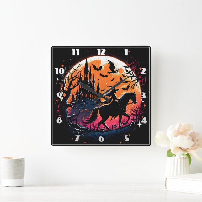 Halloween horse ride under a spooky moonlight square wall clock (Home)