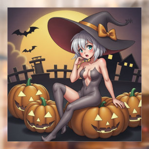 Halloween Hot Anime Witch on Jack-O-Lantern Window Cling