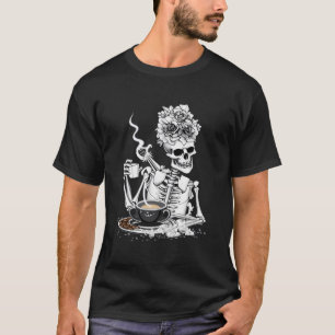 Halloween Hot Coffee Drinking Skeleton With A Rose T-Shirt