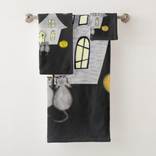 Halloween House, Black Cats, Bats, Pumpkins Bath Towel Set