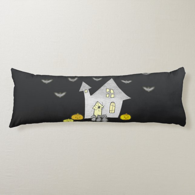 Halloween House, Black Cats, Bats, Pumpkins Body Cushion (Front)