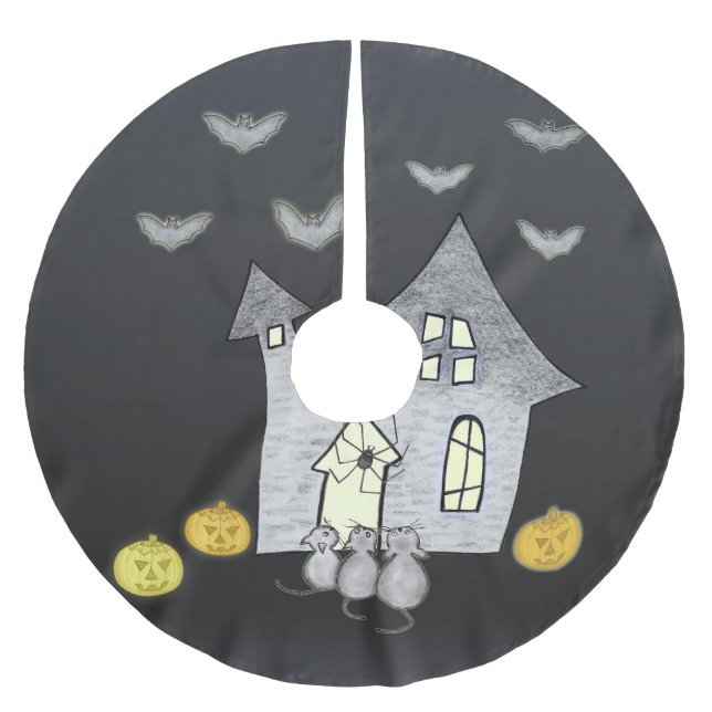 Halloween House, Black Cats, Bats, Pumpkins Brushed Polyester Tree Skirt (Front)