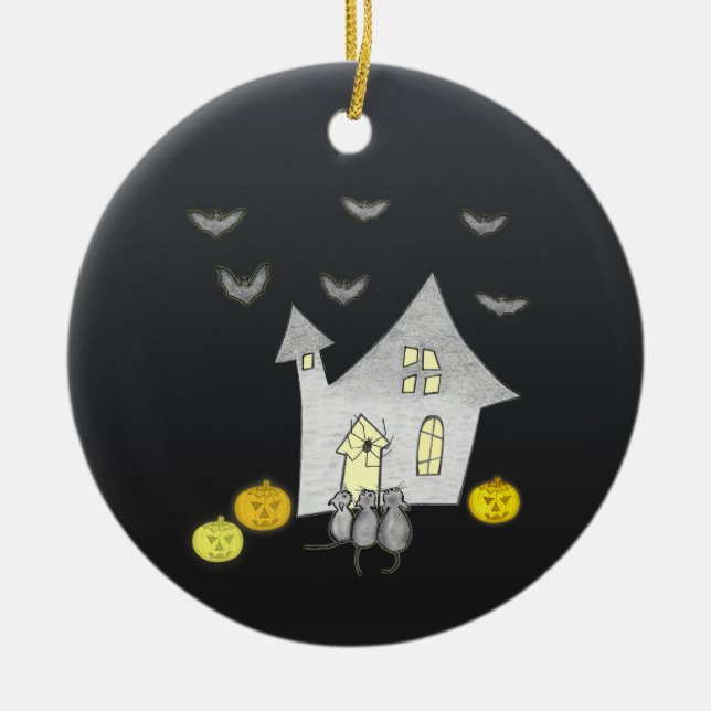 Halloween House, Black Cats, Bats, Pumpkins Ceramic Tree Decoration (Front)