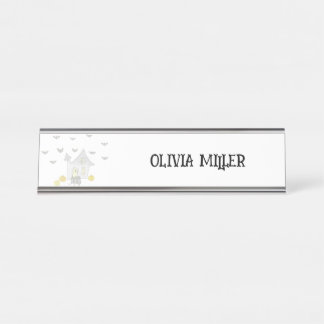 Halloween House, Black Cats, Bats, Pumpkins Desk Name Plate