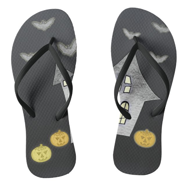 Halloween House, Black Cats, Bats, Pumpkins Flip Flops (Footbed)