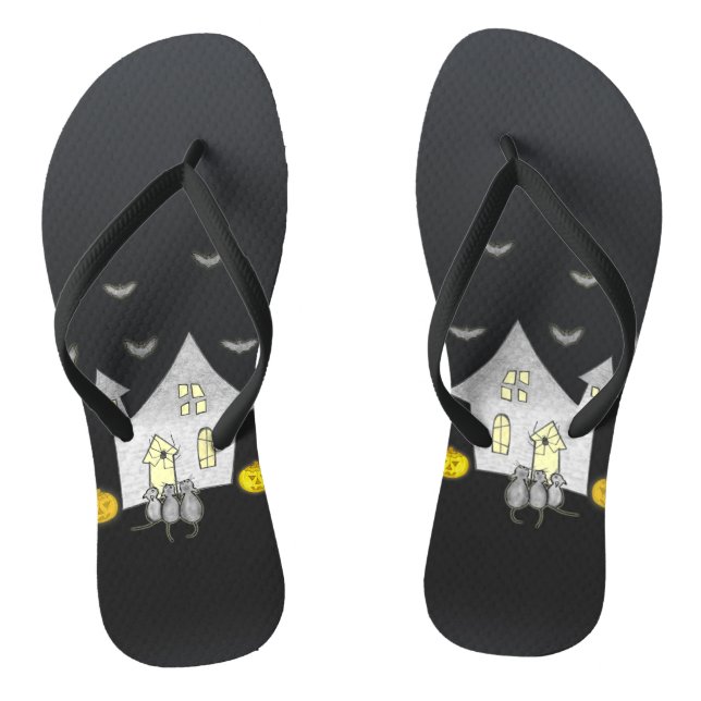 Halloween House, Black Cats, Bats, Pumpkins Flip Flops (Footbed)