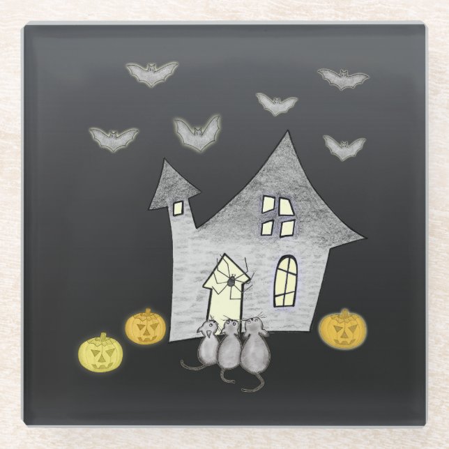 Halloween House, Black Cats, Bats, Pumpkins Glass Coaster (Front)