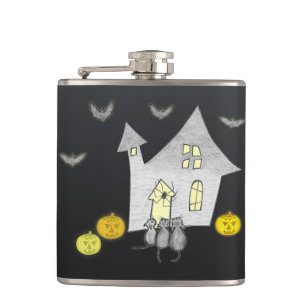Halloween House, Black Cats, Bats, Pumpkins Hip Flask
