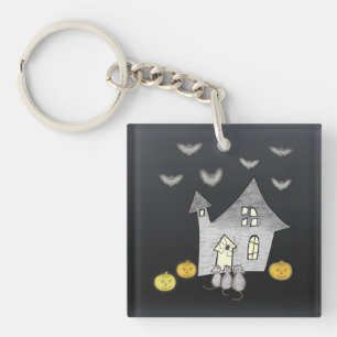 Halloween House, Black Cats, Bats, Pumpkins Key Ring