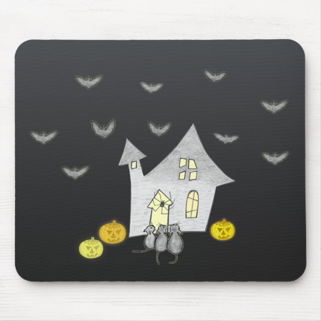 Halloween House, Black Cats, Bats, Pumpkins Mouse Mat (Front)