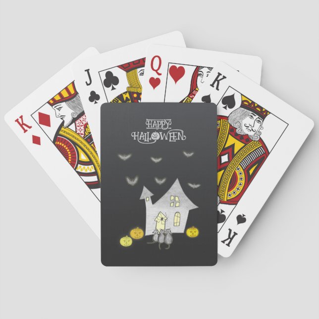 Halloween House, Black Cats, Bats, Pumpkins Playing Cards (Back)