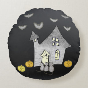 Halloween House, Black Cats, Bats, Pumpkins Round Cushion