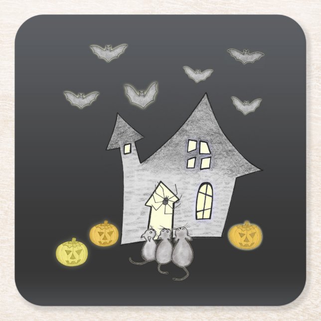 Halloween House, Black Cats, Bats, Pumpkins Square Paper Coaster (Front)