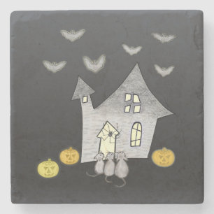 Halloween House, Black Cats, Bats, Pumpkins Stone Coaster