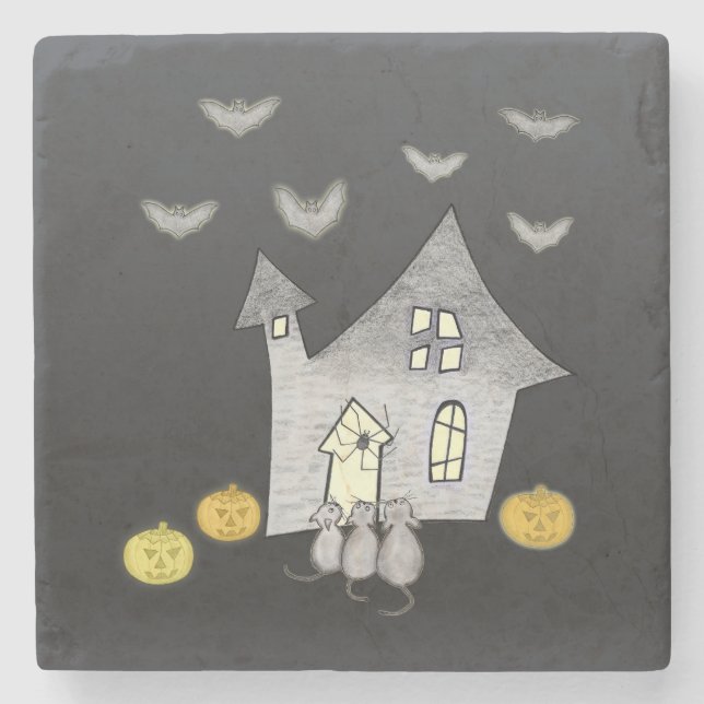Halloween House, Black Cats, Bats, Pumpkins Stone Coaster (Front)