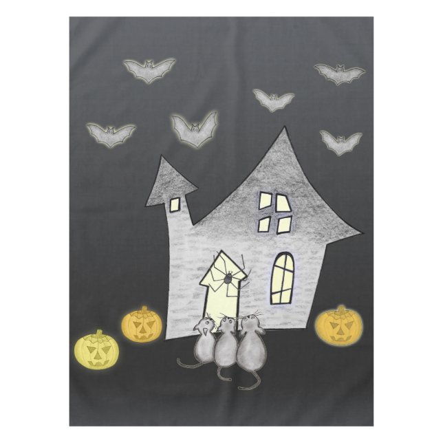 Halloween House, Black Cats, Bats, Pumpkins Tablecloth (Front)