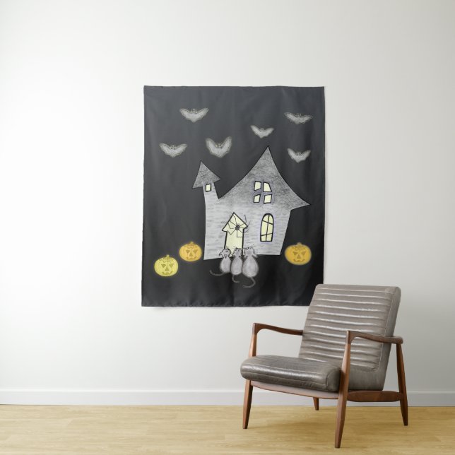 Halloween House, Black Cats, Bats, Pumpkins Tapestry (In Situ)
