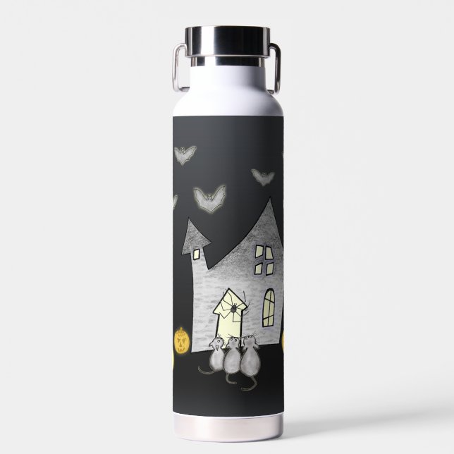 Halloween House, Black Cats, Bats, Pumpkins Water Bottle (Front)