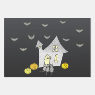 Halloween House, Black Cats, Bats, Pumpkins Wrapping Paper Sheet
