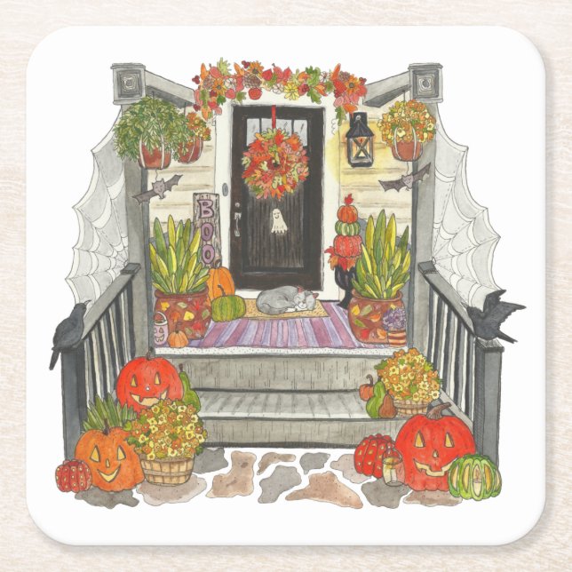 Halloween House Cat Square Paper Coaster (Front)