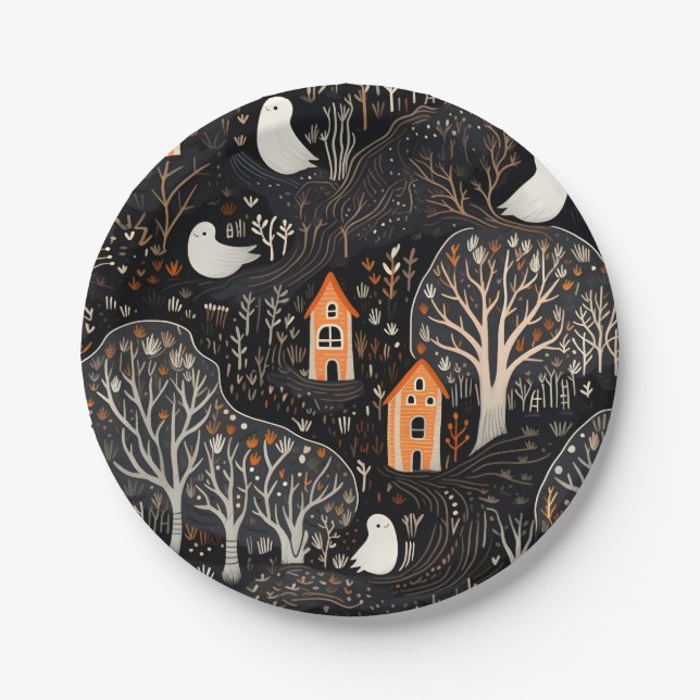 Halloween House Ghosts Forest Paper Plate (Front)