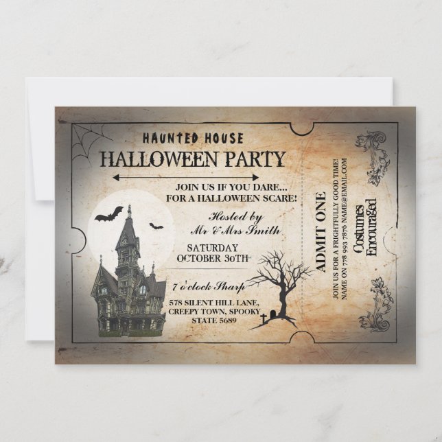 Halloween House Party Invite Horror Spooky Ticket (Front)