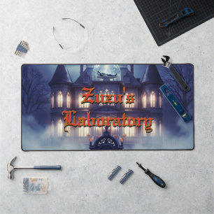 Halloween House With Frankie, Dark Blue Desk Mat