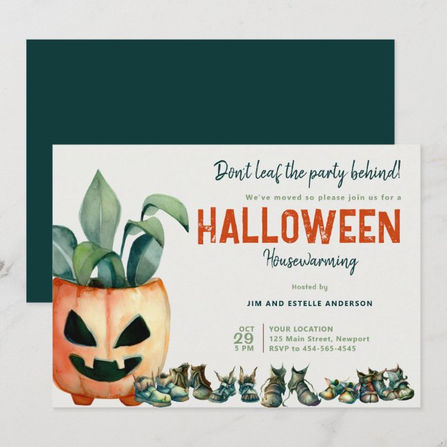 Halloween Housewarming Party Pumpkin Plant Shoes Invitation (Front/Back)