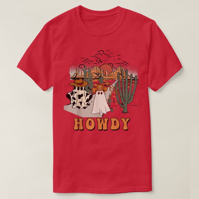 Halloween Howdy Ghouls,Boo Haw Cowboy,Desert Sunri T-Shirt (Design Front)