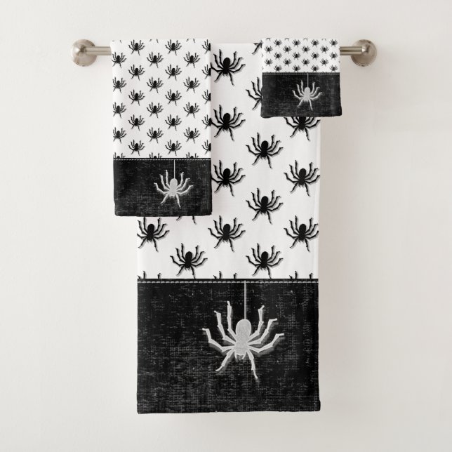 Halloween Huge Spider Pattern Black/White Bath Towel Set (Insitu)
