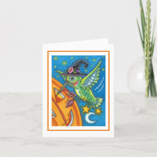 HALLOWEEN HUMMINGBIRD, JACK O LANTERN WHIMSY Blank Card